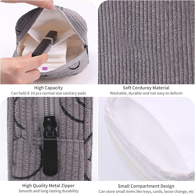 Sanitary Napkin Storage Bag, Corduroy Period Bag for Women, Cute Portable Period Pouch with Zipper, Sanitary Pads Bag Tampons Holder for Purse, First Period