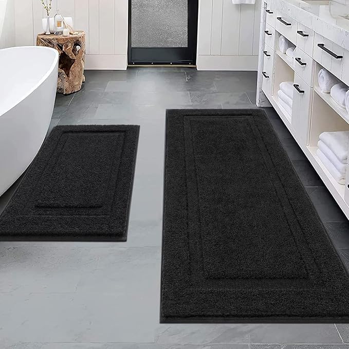 SHACOS Black Bathroom Rugs Sets 3 Piece, 20"x32" + 20"x47" Non Slip Bath Mat and 20"x24" Toilet Rugs U Shaped Washable, Soft Fluffy Water Absorbent Bathroom Floor Mat