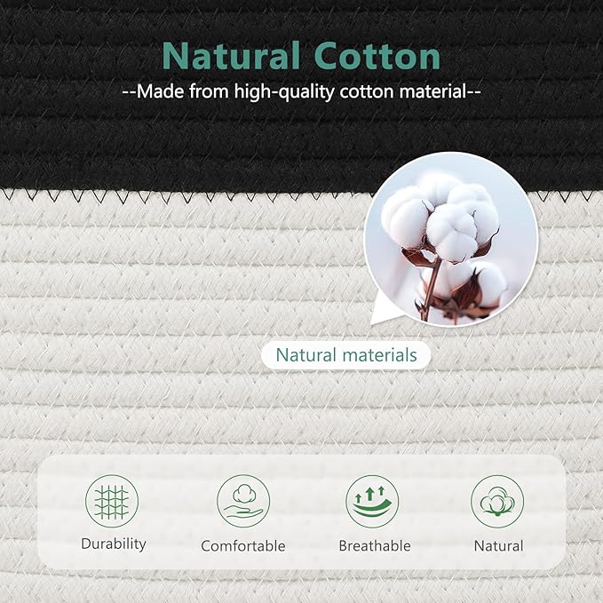 Cotton Rope Storage Basket, 15x10x9 Inches, Woven Basket for Shelves, Clothes, Towels, Books, and Laundry, Black/White (2 Pack)
