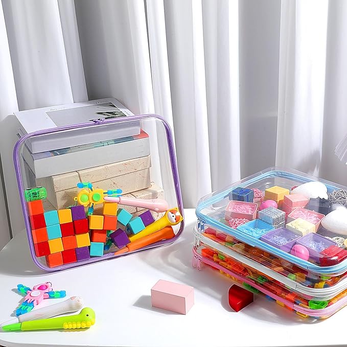 Hoolerry 4 Pcs Hard Clear Zipper Case Makeup Bags Plastic Zipper Pouch Transparent Storage Box Containers for Cosmetics, Snacks, Building Blocks, Puzzles(Clear,13.8 x 11.8 x 2 in,Multicolor)