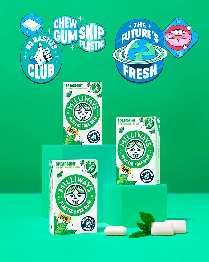 Milliways Spearmint Super Natural Gum - Plastic-Free Chewing Gum | Xylitol, Aspartame-Free, Sugar-Free, Plant-Based | 4 Packs of 10 Pieces (40 Pieces Total)
