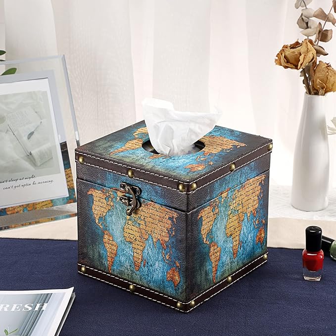 Sumnacon Retro Wood Square Tissue Box Cover - Vintage Cube Tissue Box Holder, Decorative Facial Tissue Holder for Bedroom Bathroom Dresser Night Stand Table Car Store Office Home Decor, Green