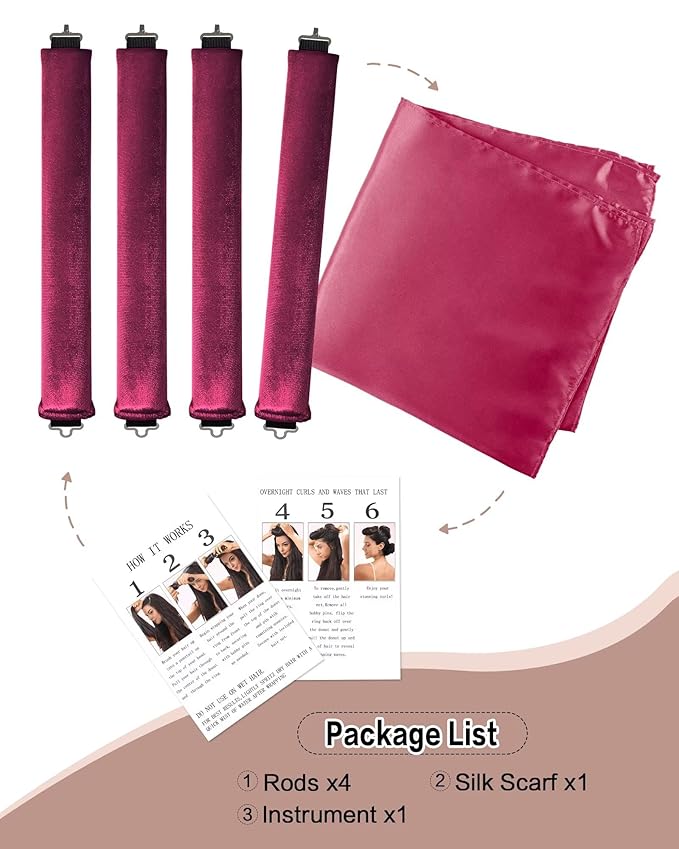 Heatless Curls Overnight with Satin Head Scarf, Velvet Hair Rollers for Blowout Look, No Heat Curling Rod for Long Thick Hair, Soft Sleep In Flexi Rods