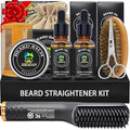 Beard Straightener for Men w/2 Pack Beard Oil,Balm,Comb,Scissor & Brush for All Beard Type,Dual Voltage Travel-Friendly,Auto Shut-Off,Anti-Scald Feature,Heated Straightening Grooming Kit Gifts for Men