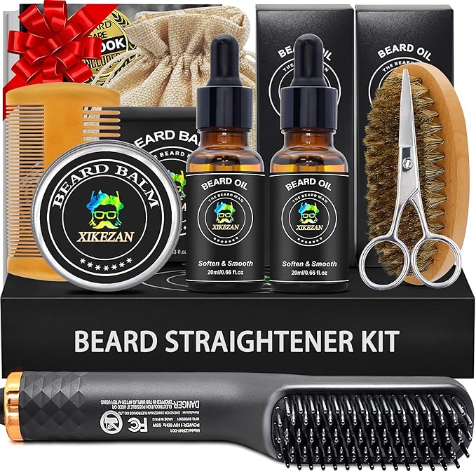 Beard Straightener for Men w/2 Pack Beard Oil,Balm,Comb,Scissor & Brush for All Beard Type,Dual Voltage Travel-Friendly,Auto Shut-Off,Anti-Scald Feature,Heated Straightening Grooming Kit Gifts for Men
