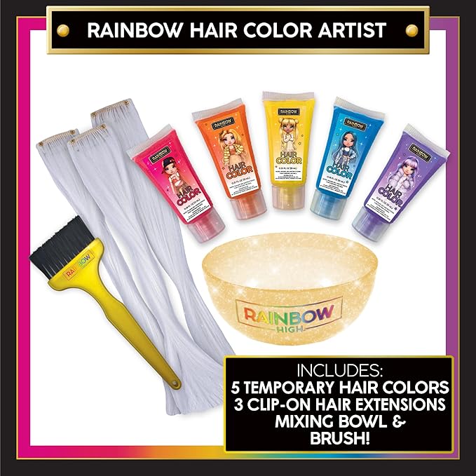 Rainbow High Rainbow Hair Stylist by Horizon Group USA, Includes 5 Vibrant Hair Coloring Gels, 3 Clip-in Extensions for Less-Mess, Mixing Bowl & Brush, Temporary Hair Coloring for Kids