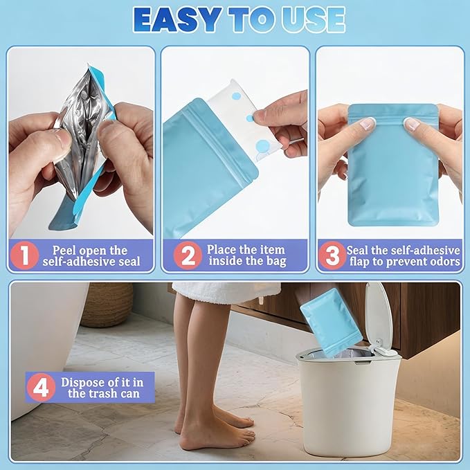 Disposable Sanitary Hygiene Disposal Bags for Bag Period Tampon Napkin Trash, 100pcs, Discreet Privacy Cover, Stylish Look, Self-Adhesive Seal,Portable for Purse, Bathroom, School, Travel (Sky blue)
