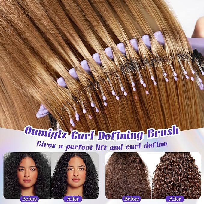 Curl Defining Brush, Boar Bristle Detangling Hair Brush for Women Girls Thick Curly Wavy Hair Wet Dry Use, Fast Blow Drying Vented Styling Hairbrush, Smoothing Hair No Tangle (Soft Purple)