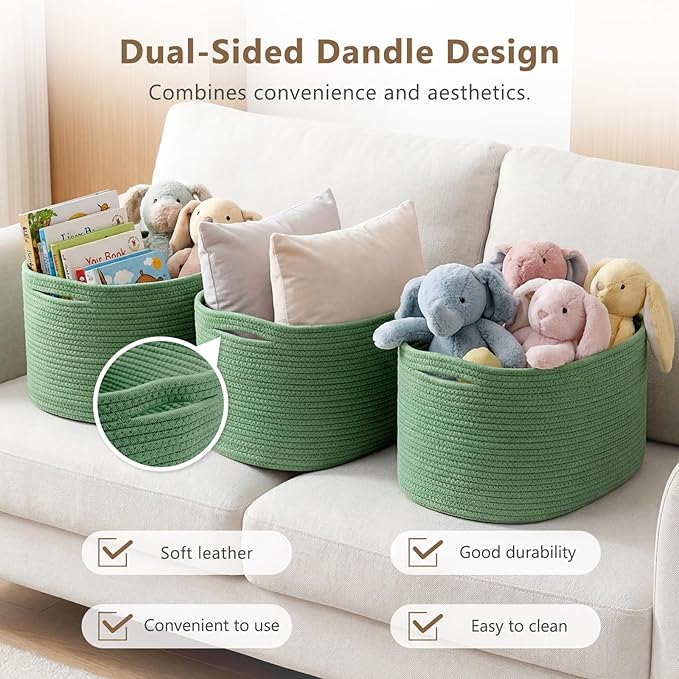 Cotton Rope Storage Basket, 15x10x9 Inches, Woven Basket for Shelves, Clothes, Towels, Books, and Laundry, Green (2 Pack)