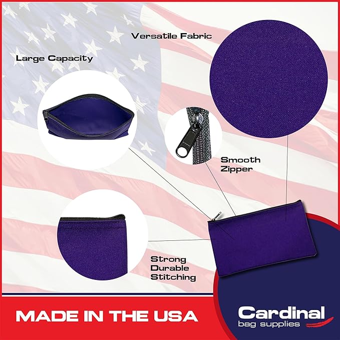 Multipack of 2 Compact Zipper Cloth Pouches, Zipper Bag, Travel Toiletry, Cosmetics, Stationary Case, 11 x 6 inches (Purple)