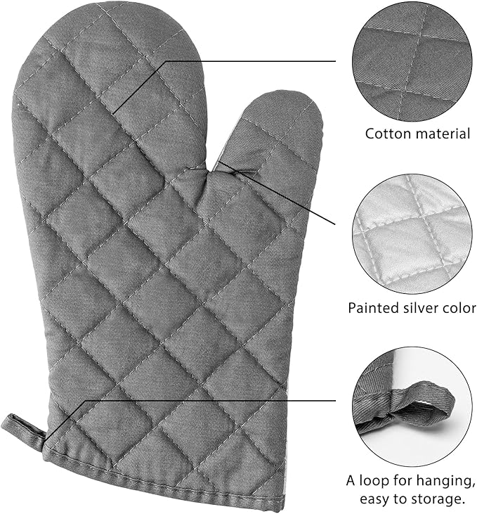 GROBRO7 6Pcs Cotton Oven Mitts and Pot Holders Set Durable Hot Pads Machine Washable BBQ Gloves Heat Resistant Pocket Pot Holder with Hanging Loop for Safe Kitchen Baking Cooking Grilling Grey
