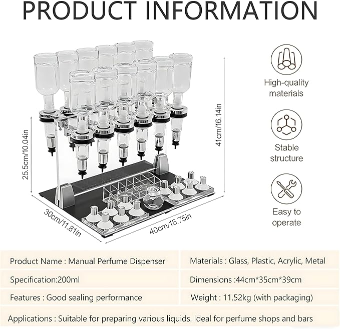 Liquid Filling Machine Transfer Tools, 12 Pump Heads,Testing Cups, 200ml Glass Perfume Bottles, Flow Adjustable, Suitable for Liquid Colognes/Perfume Samples