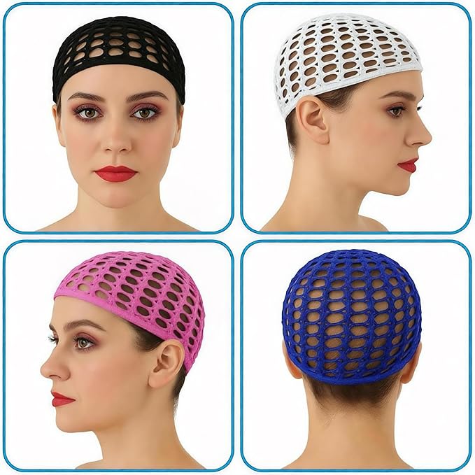 4 PCS Hair Nets for Sleeping, Crochet Hair Wrap Net with Lift Strap, Silk Press Sleep Mesh Cap for Women, Reusable Mesh Bonnet for Curly, Straight Hair & Wig Protection (Black, White, Blue, Pink)