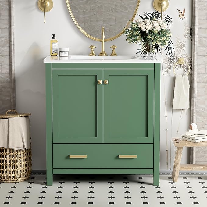 Bellemave 30" Bathroom Vanity with Sink Combo Set, Solid Wood Frame Bathroom Storage Cabinet with a Drawer, 2 Soft Closing Cabinet Doors with Organizer, Green
