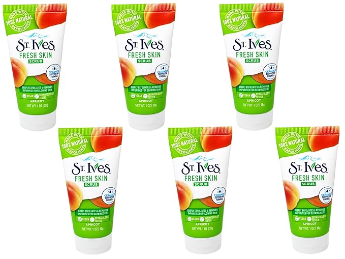 St. Ives Apricot Scrub Exfoliant, Travel-Size 6-Pack – Fresh Skin Exfoliating Apricot Facial Scrub, 1 Oz Ea