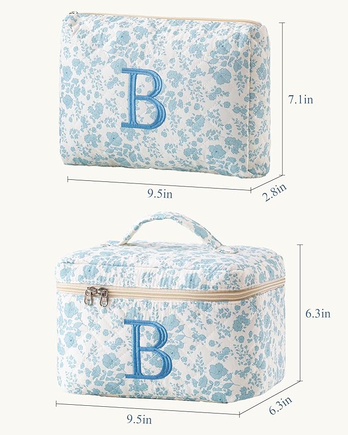 HBselect 2Pcs Initial Makeup Bag, Quilted Makeup Bag, Cotton Large Travel Makeup Bag, Cute Floral Coquette Make up Bag Cosmetic Bag Toiletry Bag for Women Girls B
