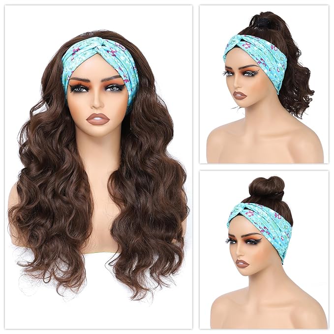 xccoco Brown HeadBand Wigs for Women Long Wavy Headband Wigs 24inch Put On and Go Glueless Wig Loose Curly Synthetic Half Wig Natural Looking Long Wigs for Women 200% Density