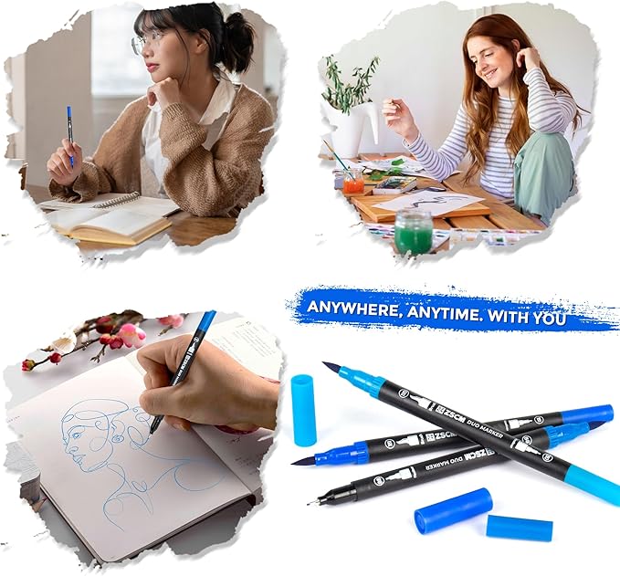Blue Duo Tip Marker Pens, 12 Pack Fine & Brush Markers for Adult Coloring Books No Bleeding, Ocean Blue Markers for Sky & Sea Landscapes, Water Effects, Calming Mandalas and Journaling