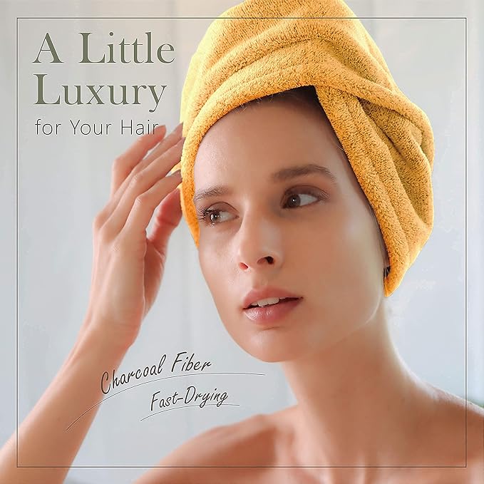 myHomeBody Hair Towel Wrap, Luxury Quick Drying Turban, Ultra Soft Absorbent Charcoal Fiber Cap, with Coconut Shell Button– Mango
