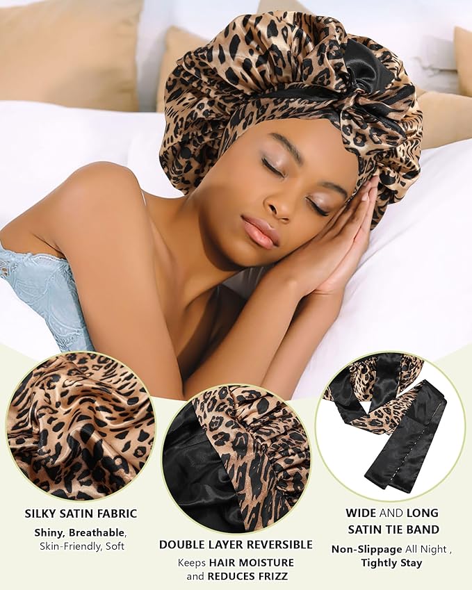 Satin Bonnet Silk Hair Wrap for Sleeping - Reversible Night Cap with Tie Band (Leopard + Black)