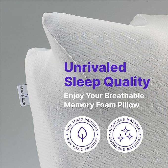 MAAS & BATH Ergo Z Pillow - 2-in-1 Ergonomic Pillow Made for Any Sleep Position, Breathable 100% Memory Foam, Inner Cover, Lightweight, Non-Toxic, Odorless Sleep-Friendly Support