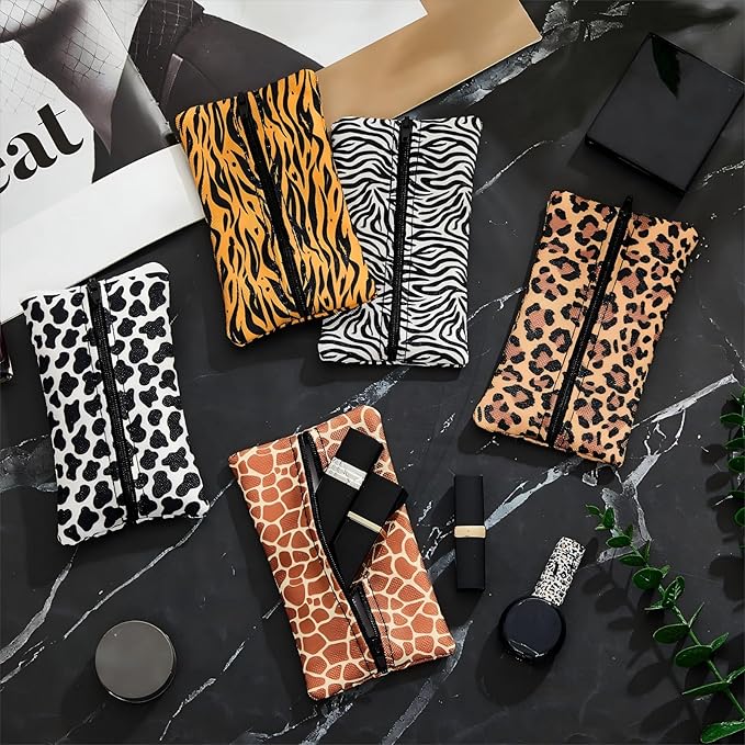 Sherr 5 Pcs Tissues Purse Pocket Holder Reusable Travel Pouch Fabric Zipper Enclosed Small Size Leopard and Zebra Print Pattern Tissue Holder for Purse Coins for Christmas