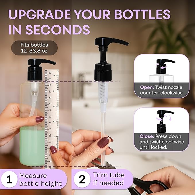 BRIGHTFROM Universal Dispensing Pump, Perfect for Shampoo & Conditioner 1 L (33.8 OZ) - Fits Most Bottles or Any Refillable Bottles from 12oz to 33.8oz with 28/410 Neck Size, Black (Pack of 2)