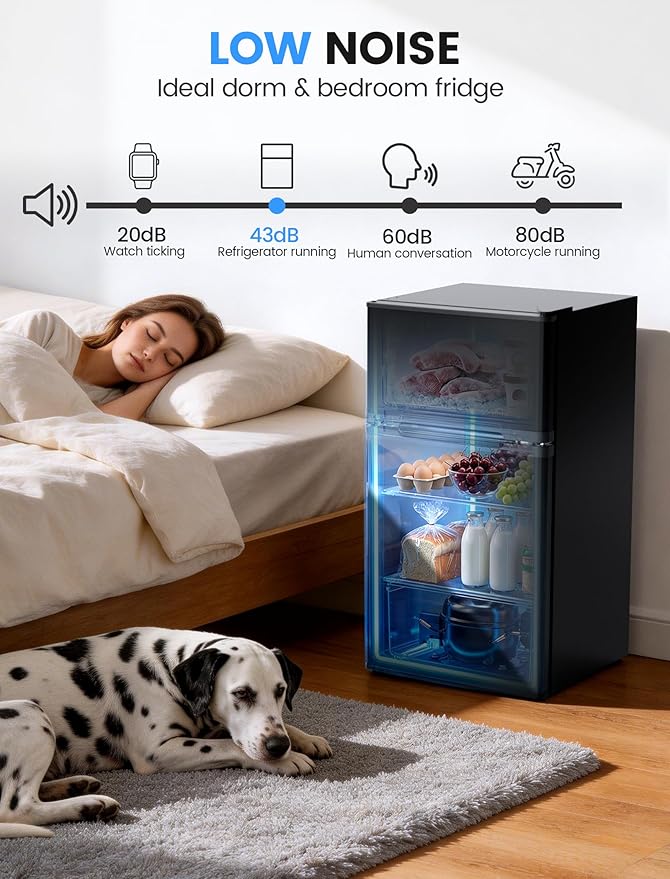 COWSAR 2.5 Cu.Ft Dorm Fridge with Freezer, Double Reversible Door Compact Refrigerator with 2 Removable Shelves, Commercial Drink Fridge for Bedroom, Office, Kitchen, Dorm, Black