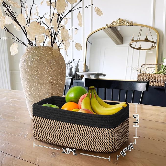 Goodpick Storage Baskets, Shelf Baskets for Organizing Dog Toy Basket Closet Organizer Bins Nursery Woven Basket for Storage Cube Decorative Box 3 Pack, Black & Jute, 13 x 8 x 5 in
