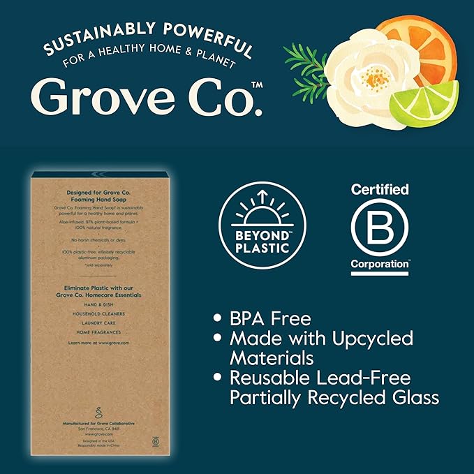 Grove Co. Foaming Soap Dispenser, 2 x Refillable Glass Bottles with Stainless Steel Pump, Reusable Liquid Hand Soap Set for Kitchen or Bathroom, Square Base, Reduce Plastic Waste