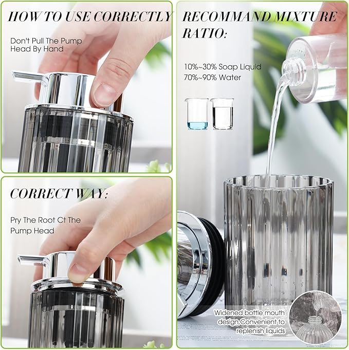 2 Pcs Refillable Gray Foaming Hand Soap Dispenser 10 oz Plastic Dispenser Pump Lotion Foaming with Silver Pump for Bathroom Vanities Kitchen