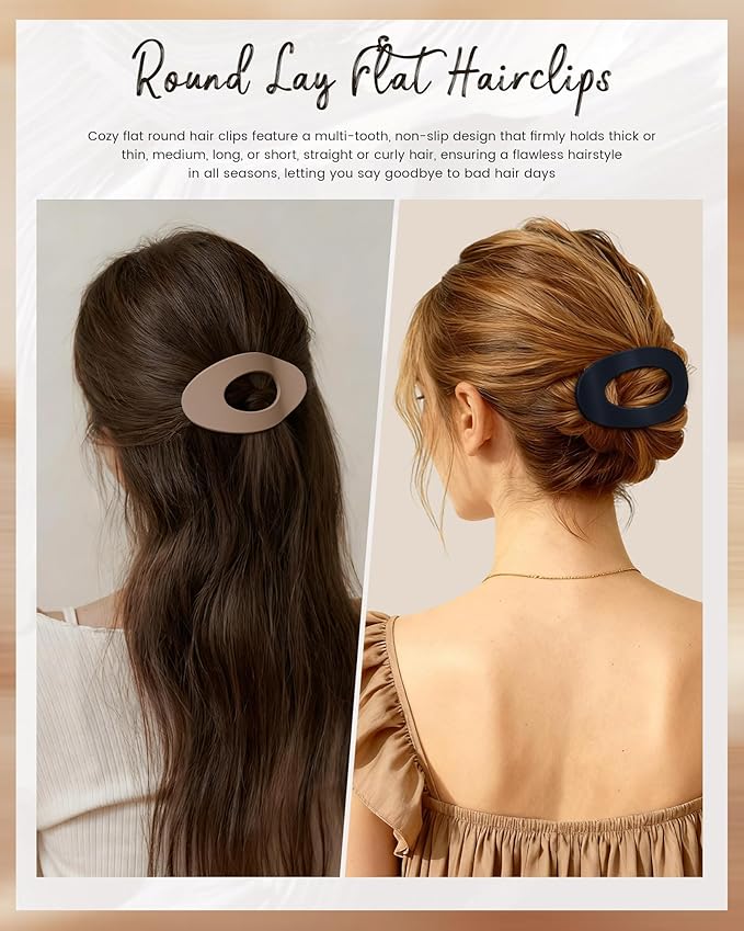 Mesovor 6 Pack Flat Hair Claw Clips, 4.33" Nonslip Large Round Lay Flat Hair Clips | Strong Hold French Flat Hairclips for Lying Down, Yoga, Driving (Brown Matte)