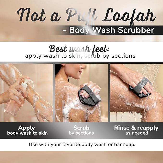 Silicone Body Scrubber – Gentle Exfoliating Shower Scrubber for Body & Bath, Silicone Shower Brush & Loofah Alternative – Non-Slip Silicone Body Brush, Quick Dry, Hygienic - Black