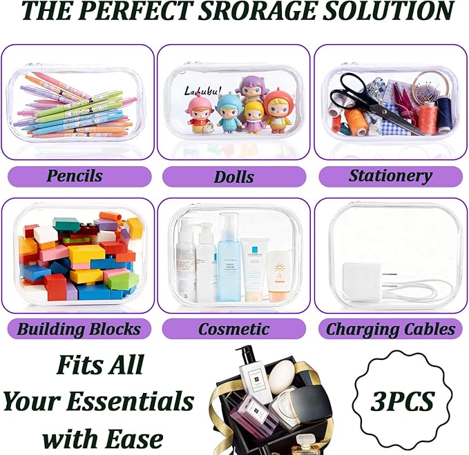 3 Pcs Clear Hard Zipper Case, Hard Shell Plastic Clear Organizer Bag, Transparent Makeup Pouches, Portable Box for Travel Toiletries Storage Bins (White)