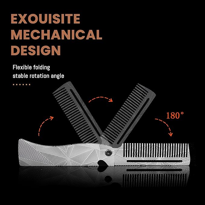 Men's Metal Folding Pocket Beard & Mustache Comb, EDC Knife Comb with Bottle Opener for Outdool Travel - Anti-Static for Hair Styling Pompadour, Slicked-back, Fauxhawk, Undercut