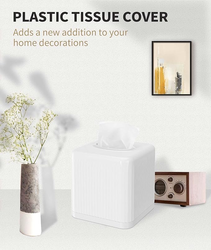Livelab Tissue Box Cover with Base, Square Plastic Tissue Box Holder Decorative Tissue Cover Modern Cube Facial Tissue Dispenser for Bathroom Vanity Countertop, Living Room, Bedroom, Office - White