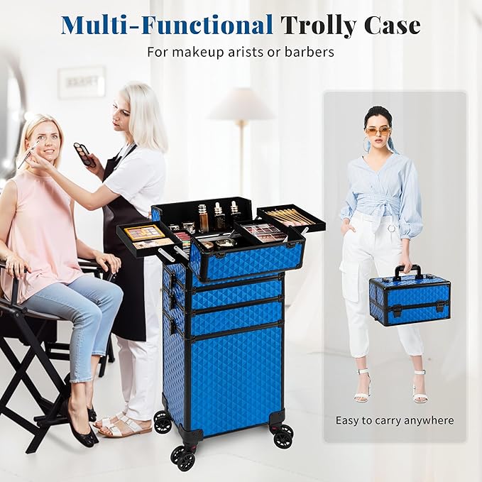 AROUS Rolling Makeup Train Case 4 in 1 Cosmetology Case on Wheels Large Storage Cosmetic Trolley with Key Salon Barber Traveling Cart Trunk, Blue
