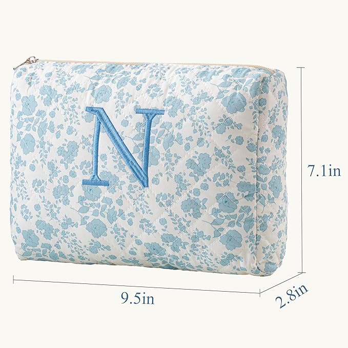 HBselect Initial Quilted Makeup Bag, Cotton Large Travel Makeup Bag, Cute Floral Coquette Make up Bag Cosmetic Bag Toiletry Bag for Women Girls N
