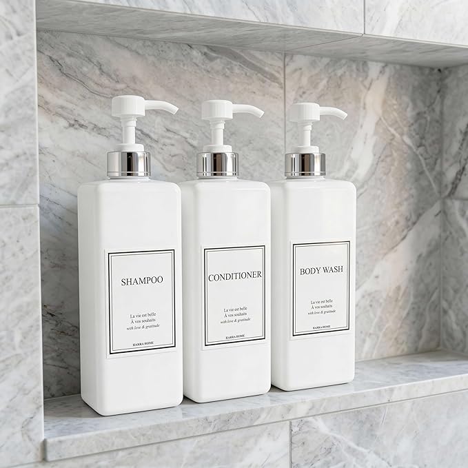 Shampoo and Conditioner Dispenser - Modern Design Large 27oz Shower Soap Dispenser Set of 3, Refillable Empty Plastic Pump Bottles for Bathroom, 6 Waterproof Labels Included, White & Silver