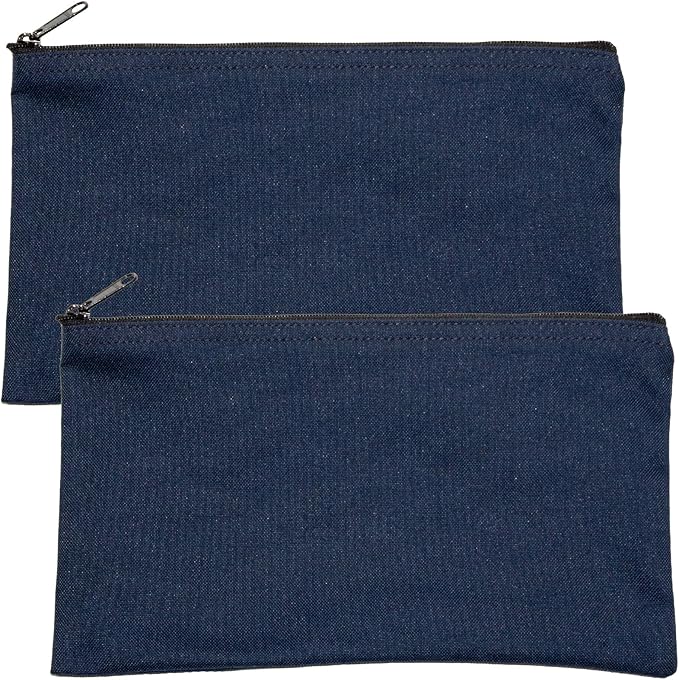 Multipack of 2 Compact Zipper Cloth Pouches, Zipper Bag, Travel Toiletry, Cosmetics, Stationary Case, 11 x 6 inches (Navy)