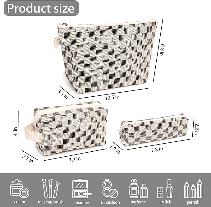 3 Pcs Canvas Makeup Bag Set Checkered Cosmetic Pouch for Women Travel Toiletry Bag Cute Makeup Organizer Purse Pouch Preppy Pencil Case with Zipper (Checkered Black)
