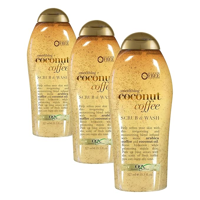 OGX Smoothing + Coconut Coffee Exfoliating Body Scrub with Arabica Coffee & Coconut Oil, Moisturizing Body Wash for Dry Skin, Paraben-Free with Sulfate-Free Surfactants, 19.5 Fl Oz (Pack of 3)