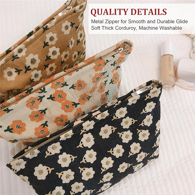 HAPPYHEIDI Women Floral Corduroy Canvas Travel Makeup Bag Cosmetic Pouch Purse Organizer, Khaki