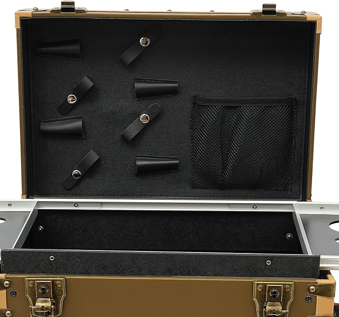Rolling Makeup Case Large Storage Cosmetic Trolley, Rolling Lockable Makeup Train Case, Stylist Beauty Salon Cosmetic Luggage Travel Organizer Tool Box with Hair Dryer Holder (Gold)