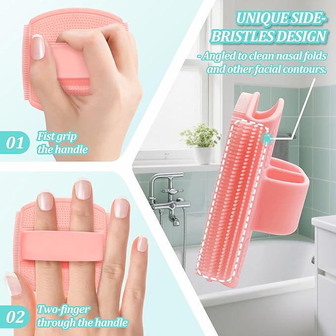 Silicone Bath Glove & Face Scrubber Set 2PCS, 360° Anti-Slip & Hand-fit Body Scrubber for Rich Foaming Deep Cleaning, Unique Facial Scrubber with Side-bristles for Contoured Areas.(Pink)