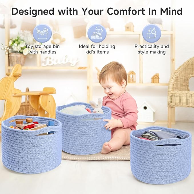 Small Rope Baskets for Storage, Baskets for Gifts Empty, Cute Round Woven Basket, Decorative Shelf Baskets 9.82×9.82×7.1", Cotton Toy Basket Storage Bins for Organizer 3 Packs-Skyblue