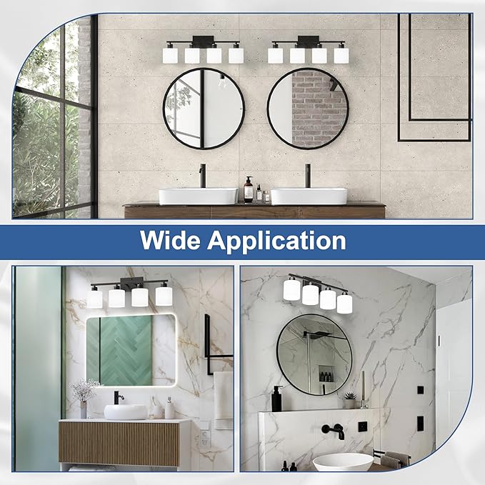 Black Vanity Lights for Bathroom, Anti-rust 4-Light Bathroom Light Fixtures Over Mirror, Modern 24Inches Wall Sconces, Eye-caring Milky White Glass Shades, Standard E26 Base, Bulbs Not Included