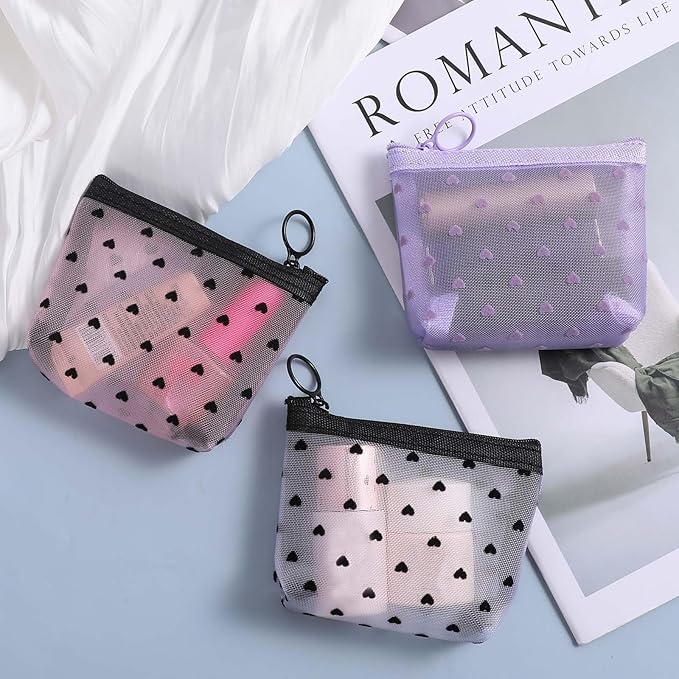 3Pcs Mini Cosmetic Bags, Heart Print Mesh Zipper Bags, Lipstick Accessories Organizer, Makeup Bag for Women, Small Purse Bag (White, Pink, Purple)