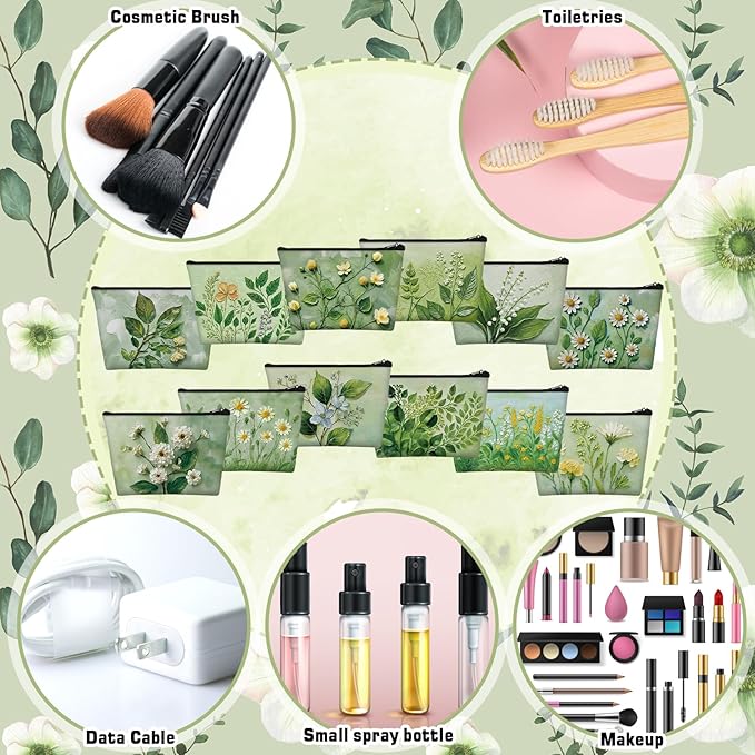 Sweetude 12 Pcs Spring Flower Makeup Bag Bulk Green Portable Travel Cosmetic Bags with Zipper Green Plant Floral Waterproof Roomy Travel Beauty Toiletry Organizer Storage Pouch for Women Spring Gifts