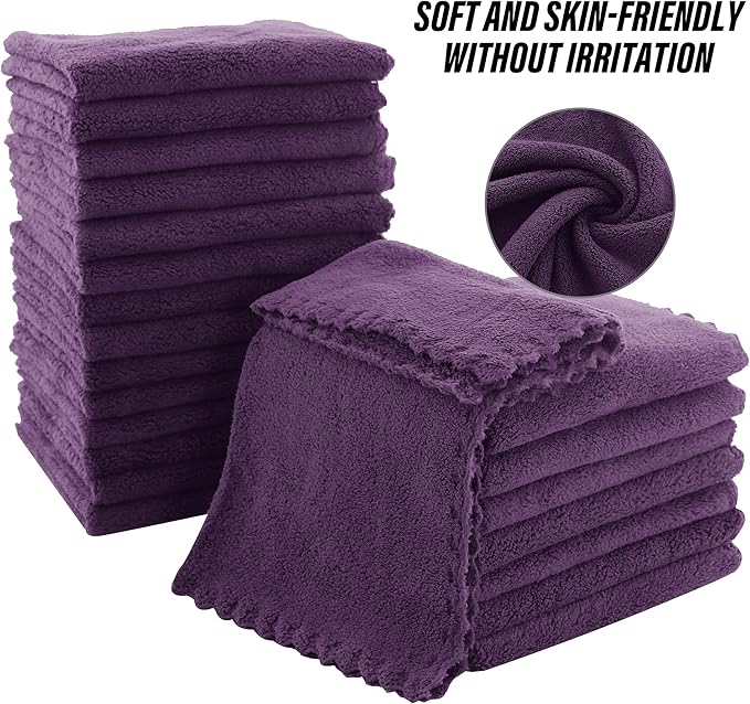 MOONQUEEN Ultra Soft Premium Washcloths Set - 12 x 12 inches - 24 Pack - Quick Drying - Highly Absorbent Coral Velvet Bathroom Wash Clothes - Use as Bath, Spa, Facial, Fingertip Towel (Plum)